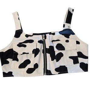 CIDER Womens Zip Front Sleeveless Crop Top Black White Cow Print Size Medium